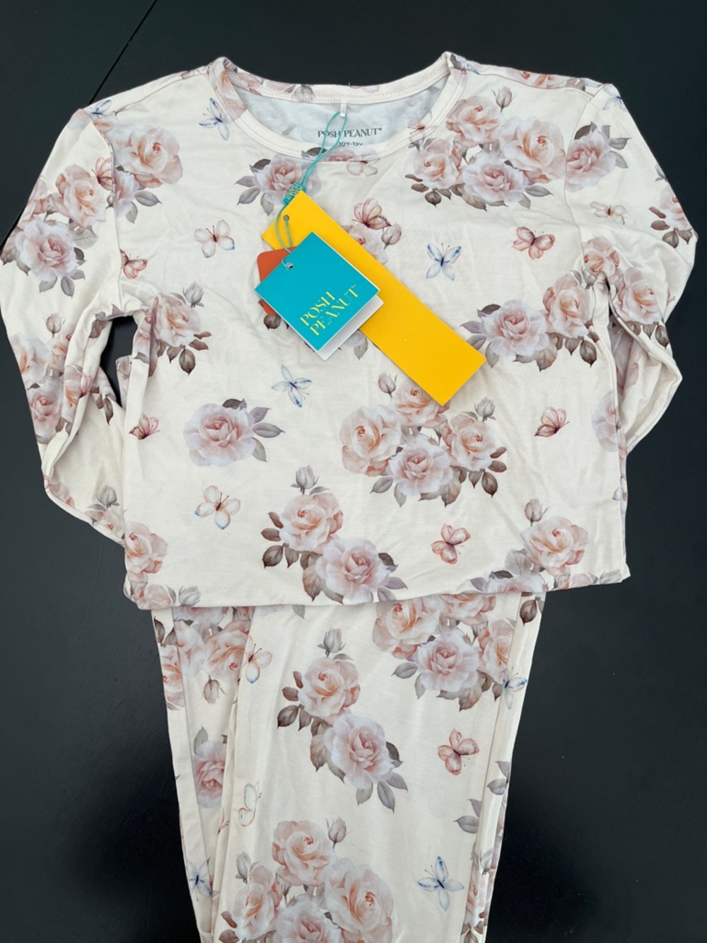 Posh Peanut Cream Pajama Set with Pink Rose and Blue Butterfly Print